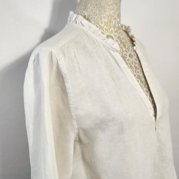 Cynthia Rowley Women's Size M White Linen 3/4 Sleeve Ruffle V-Neck Pockets Top - Picture 7 of 15